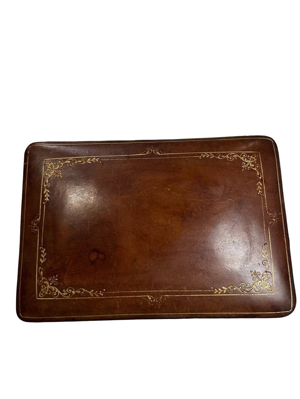 Vtg A Antinori Roma Italian Gilt Tooled Brown Leather Jewelry Desk Box Scratches